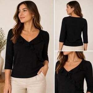 St John Collection Marie Gray Black Ruffle V-Neck Santana Knit Top 12 SP03 GRP6